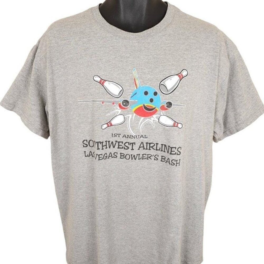 Vintage Southwest Airlines T Shirt Mens Size XL Gray Y2K Las Vegas Bowlers